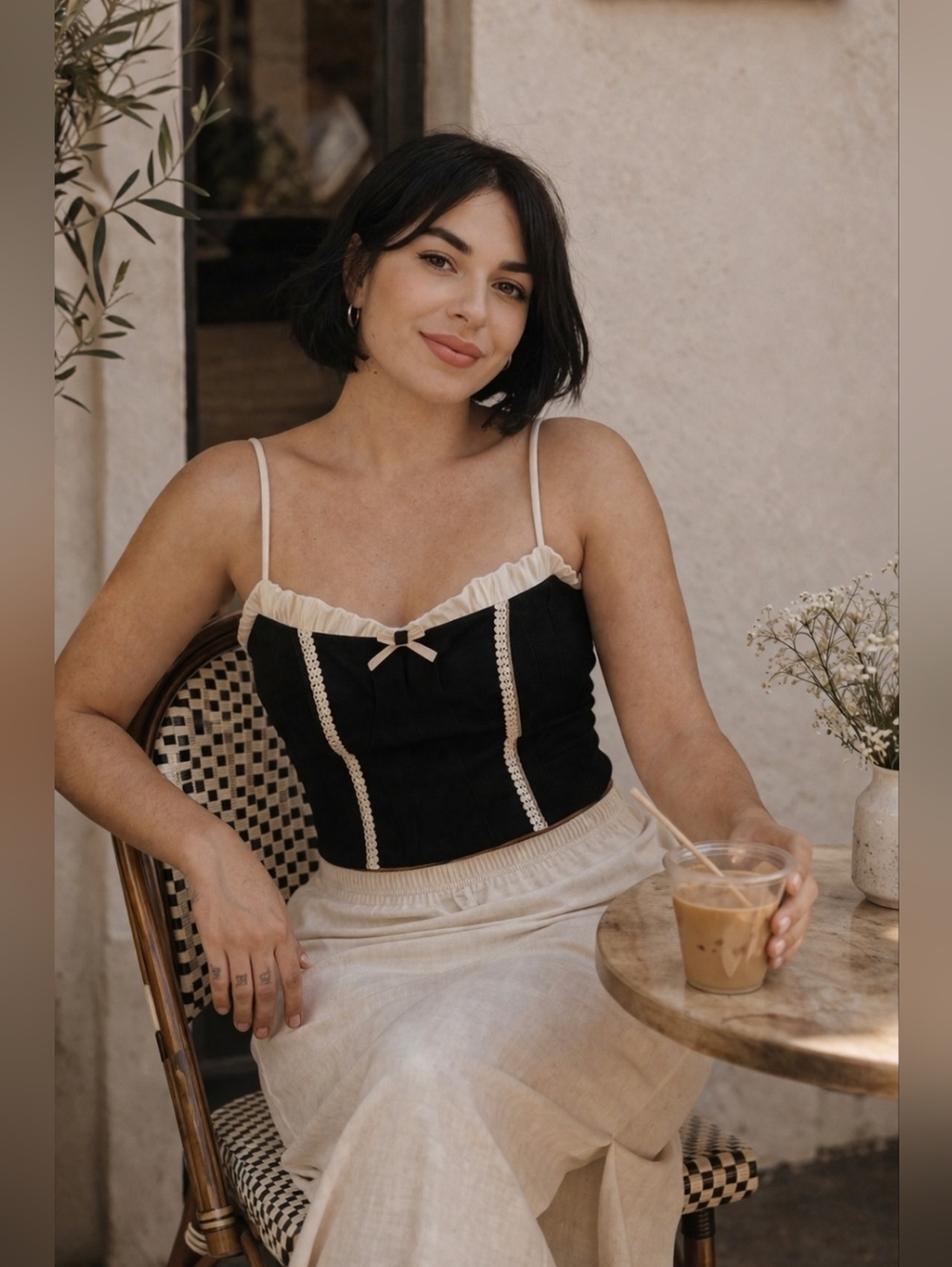 Black and Cream Lace-Trim Contrast Panel Bow Detail  Cami Corset Crop Top
